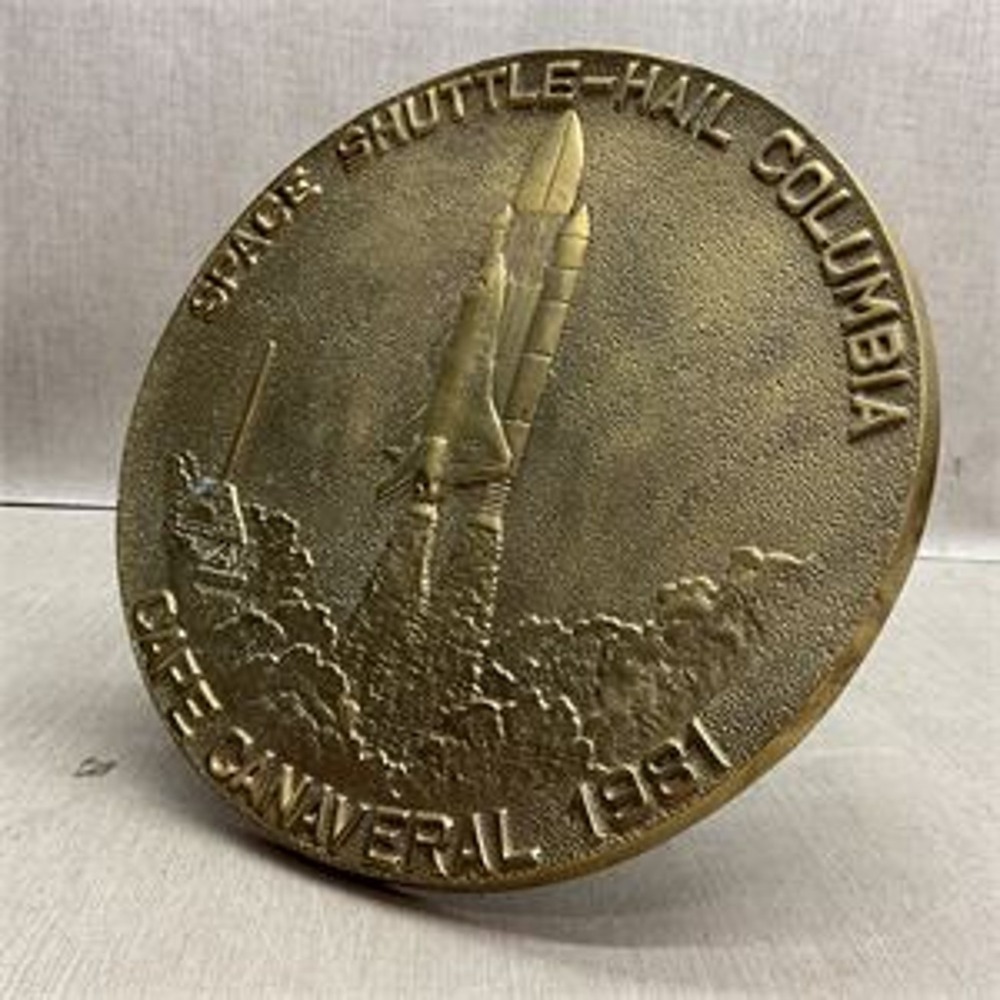 Vintage Brass Space Shuttle-Hail Columbia Cape Canaveral 1981 Medallion 9"